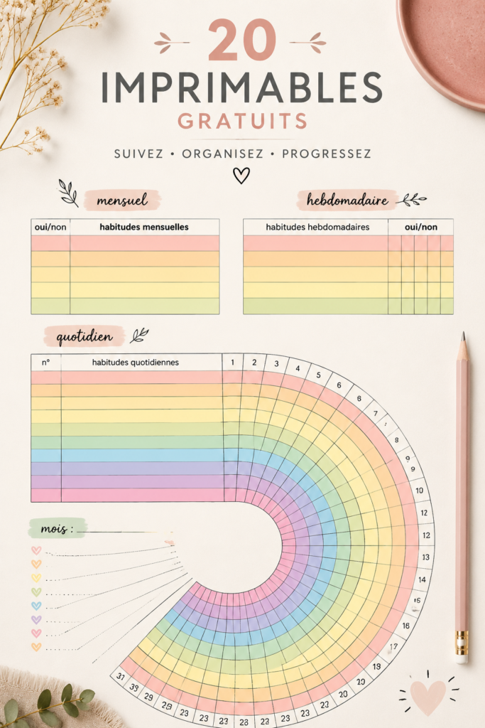 Un tableau coloré avec 20 modèles gratuits à imprimer pour des projets créatifs.