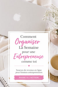 Visuel d'une femme travailleuse planifiant sa semaine avec un ordinateur et un cahier, mettant l'accent sur l'organisation pour les entrepreneuses.