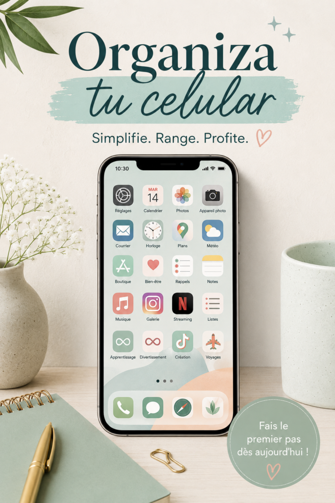Femme organisant son téléphone avec des applications bien rangées.