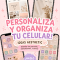 Un smartphone avec un fond d'écran esthétique et des icônes personnalisées sur un bureau moderne.