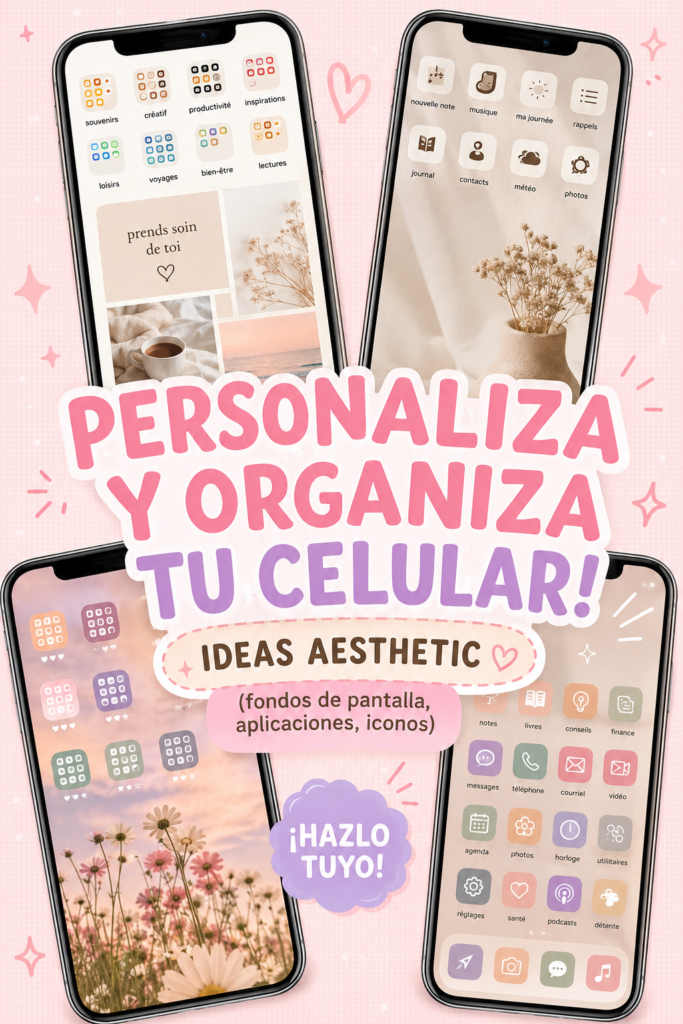 Un smartphone avec un fond d'écran esthétique et des icônes personnalisées sur un bureau moderne.