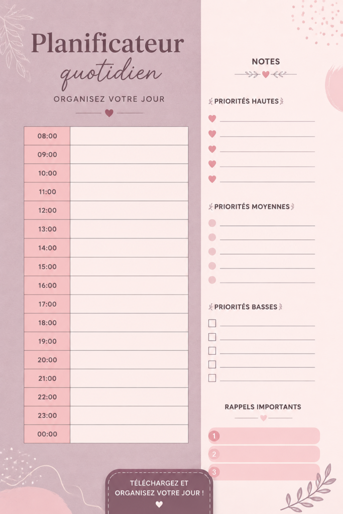 Modèle de planner gratuit sur Canva créé pour aider à organiser son quotidien.
