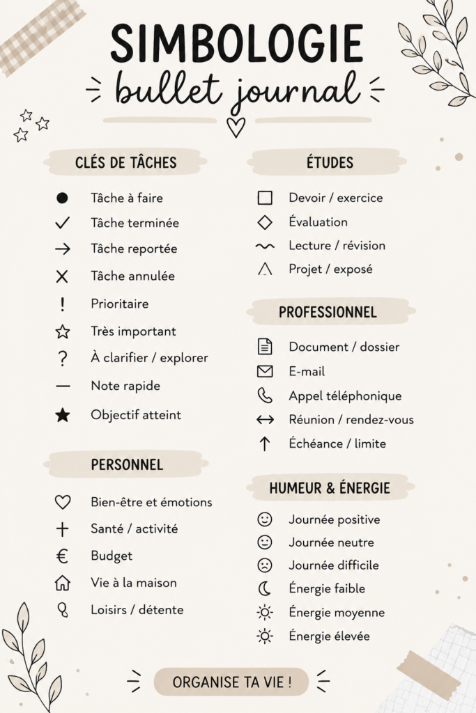 Un bullet journal ouvert avec des symboles colorés illustrant l'organisation