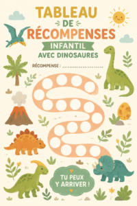 Tableau de récompenses pour enfants avec des illustrations de dinosaures colorés.