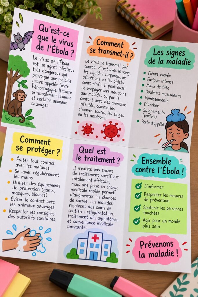Infographie illustrant les informations essentielles sur le virus Ebola et sa prévention.
