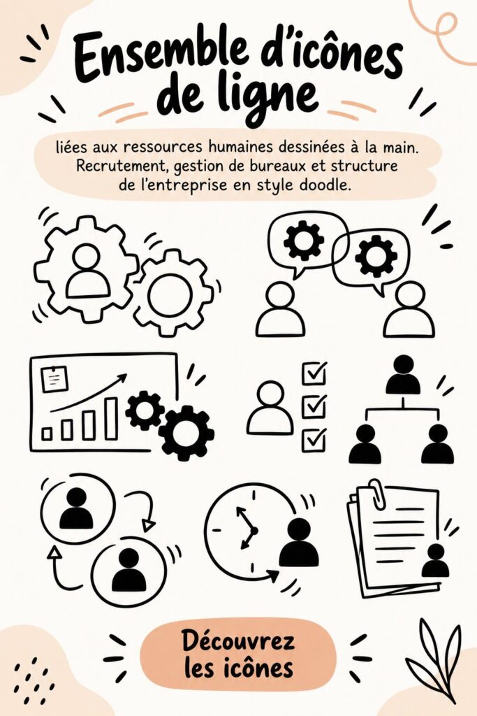 Collection d'icônes doodle représentant des éléments liés aux ressources humaines et à la gestion d'équipe.