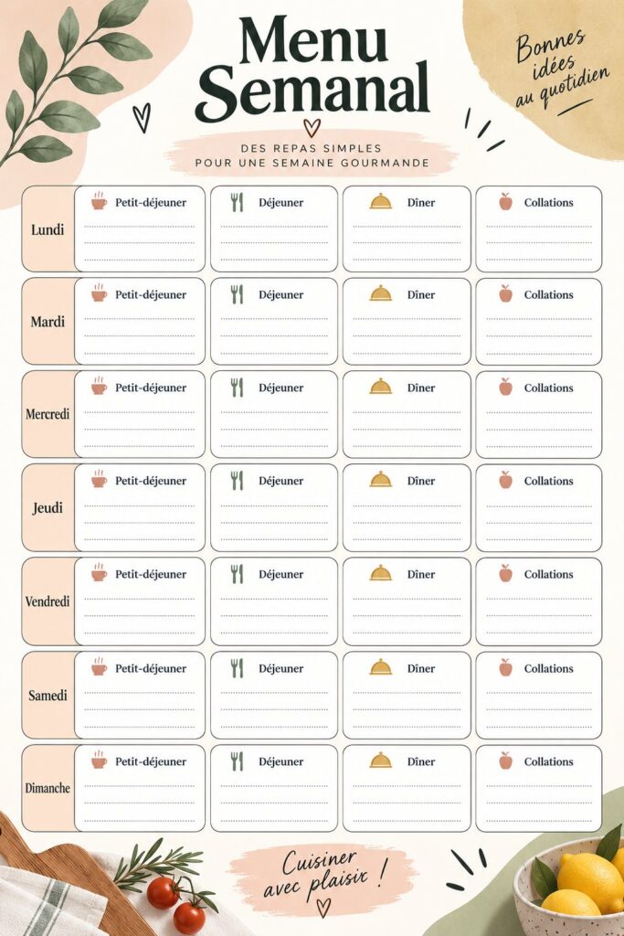 Un menu hebdomadaire coloré avec des recettes variées pour simplifier la cuisine.