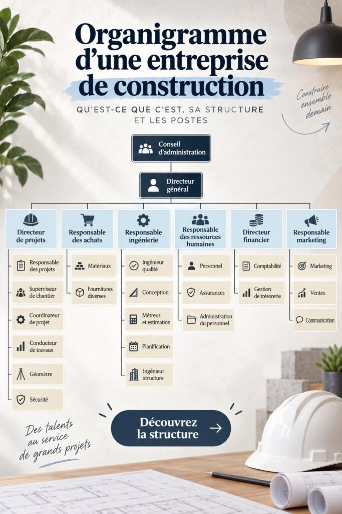 Organigramme clair et structurel d'une entreprise de construction, illustrant les différents rôles et responsabilités.