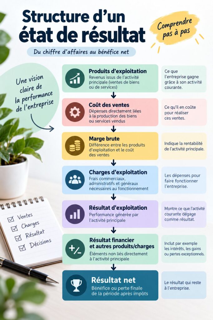 Illustration représentant la structure d'un état de résultats avec des graphiques et chiffres.