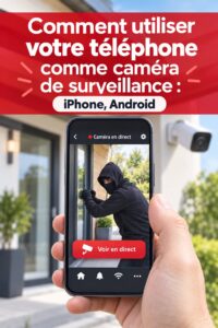 Une femme utilise son smartphone comme caméra de surveillance à la maison.