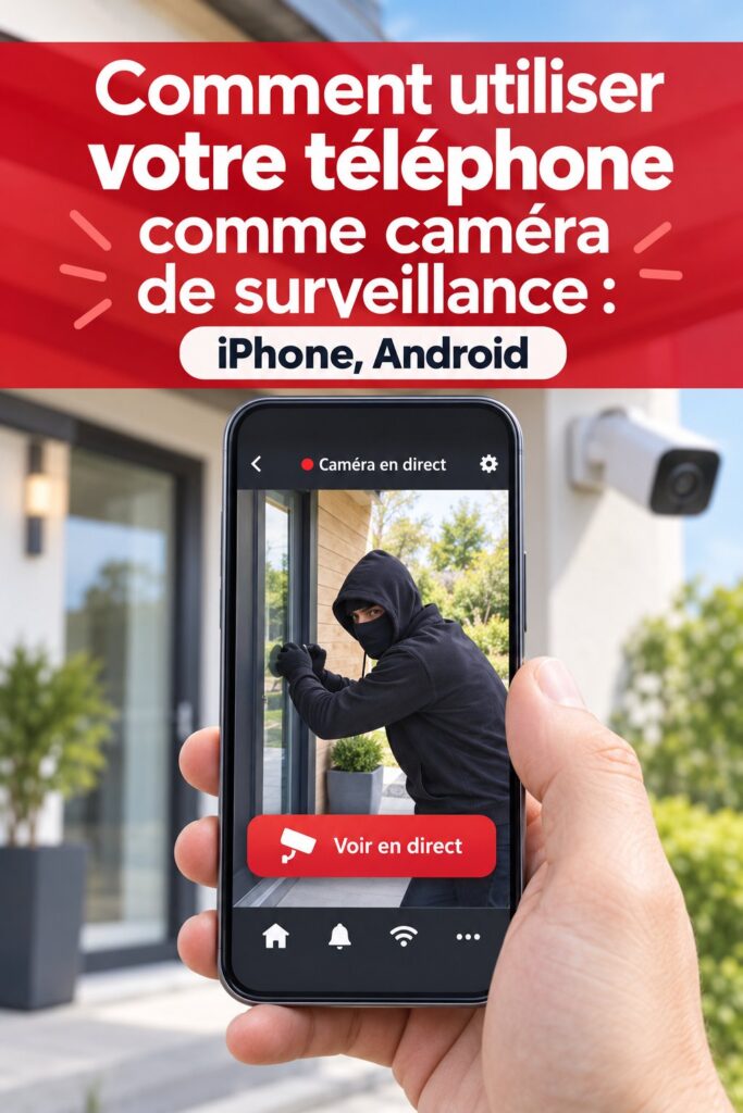 Une femme utilise son smartphone comme caméra de surveillance à la maison.